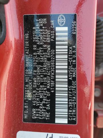 4T1BF1FK3CU602700 - 2012 TOYOTA CAMRY BASE RED photo 12