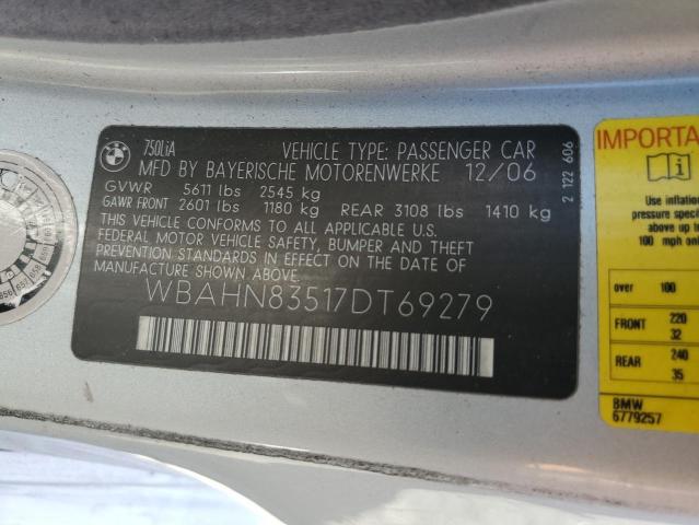 WBAHN83517DT69279 - 2007 BMW 750 SILVER photo 12