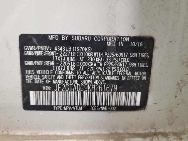 JF2GTADC9KH261679 - 2019 SUBARU CROSSTREK PREMIUM WHITE photo 13