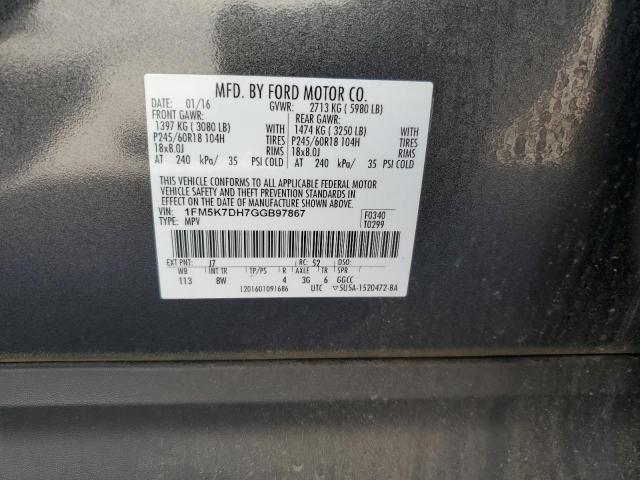 1FM5K7DH7GGB97867 - 2016 FORD EXPLORER XLT GRAY photo 13