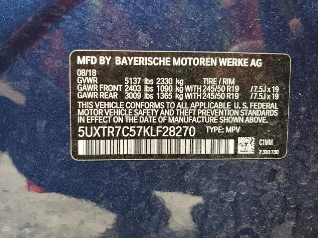 5UXTR7C57KLF28270 - 2019 BMW X3 3.0I SDRIVE30I BLUE photo 12