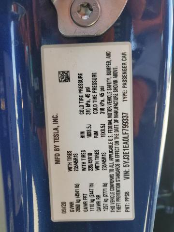 5YJ3E1EA0LF799337 - 2020 TESLA MODEL 3 ლურჯი ფოტო 12