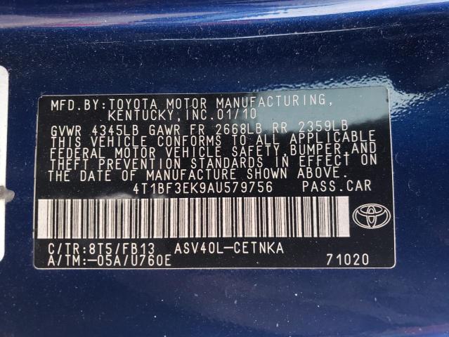 4T1BF3EK9AU579756 - 2010 TOYOTA CAMRY BASE BLUE photo 12