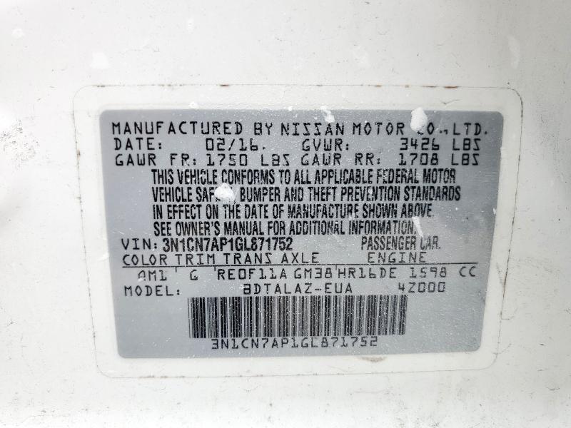 3N1CN7AP1GL871752 - 2016 NISSAN VERSA S WHITE photo 13