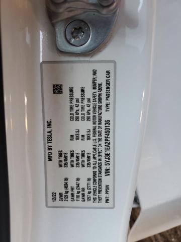 5YJ3E1EA2PF450136 - 2023 TESLA MODEL 3 Biały zdjęcie 13