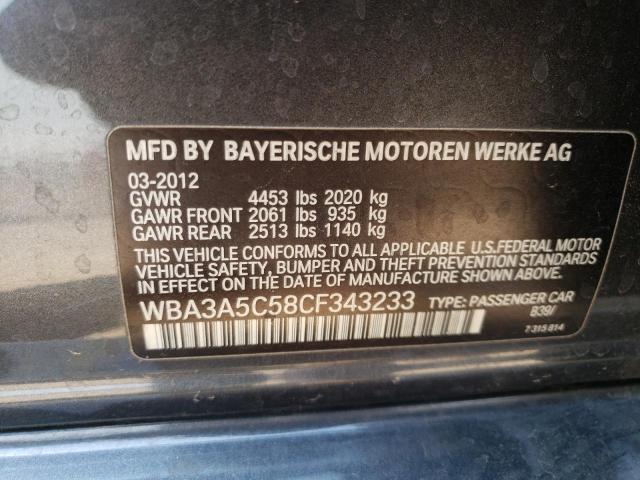 WBA3A5C58CF343233 - 2012 BMW 3 SERIES I CHARCOAL photo 12