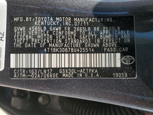 4T1BK3DB7BU425514 - 2011 TOYOTA AVALON BASE Gri fotoğraf 12