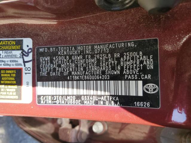 4T1BK1EB6DU064203 - 2013 TOYOTA AVALON BASE 勃艮第红 照片 12