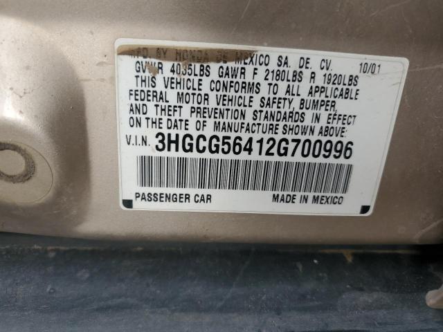 3HGCG56412G700996 - 2002 HONDA ACCORD LX Dorado foto 13