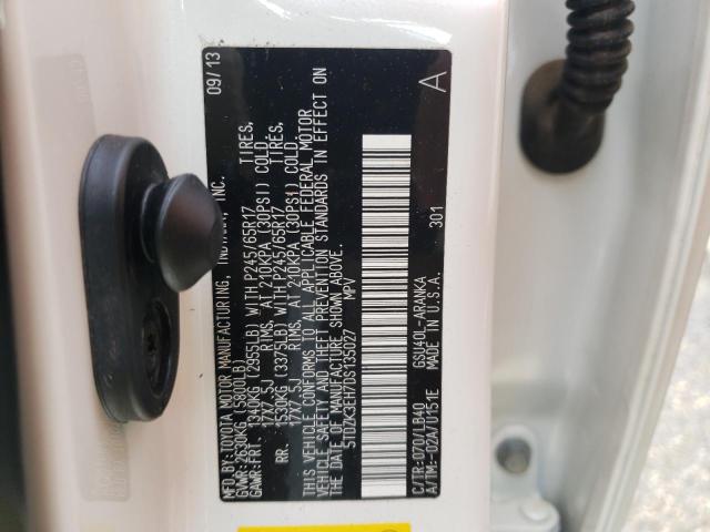 5TDZK3EH7DS135027 - 2013 TOYOTA HIGHLANDER BASE Blanc photo 10