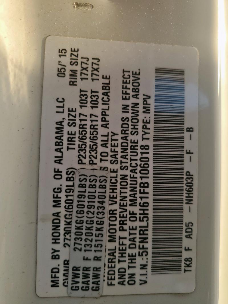 5FNRL5H61FB106018 - 2015 HONDA ODYSSEY EXL WHITE photo 13