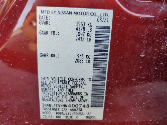 1N4BL4CV9MN400748 - 2021 NISSAN ALTIMA SR RED photo 12