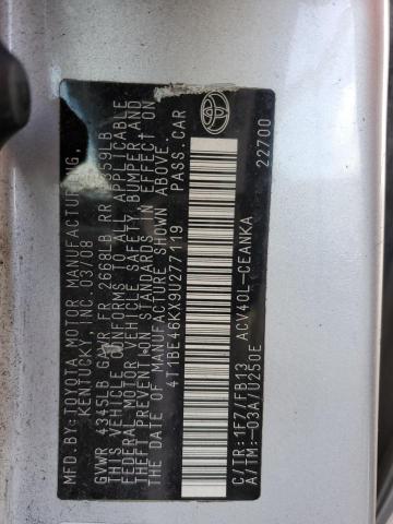 4T1BE46KX9U277119 - 2009 TOYOTA CAMRY BASE SILVER photo 12