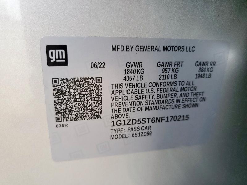 1G1ZD5ST6NF170215 - 2022 CHEVROLET MALIBU LT SILVER photo 12