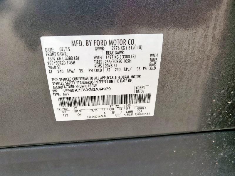 1FM5K7F83GGA44979 - 2016 FORD EXPLORER LIMITED GRAY photo 13