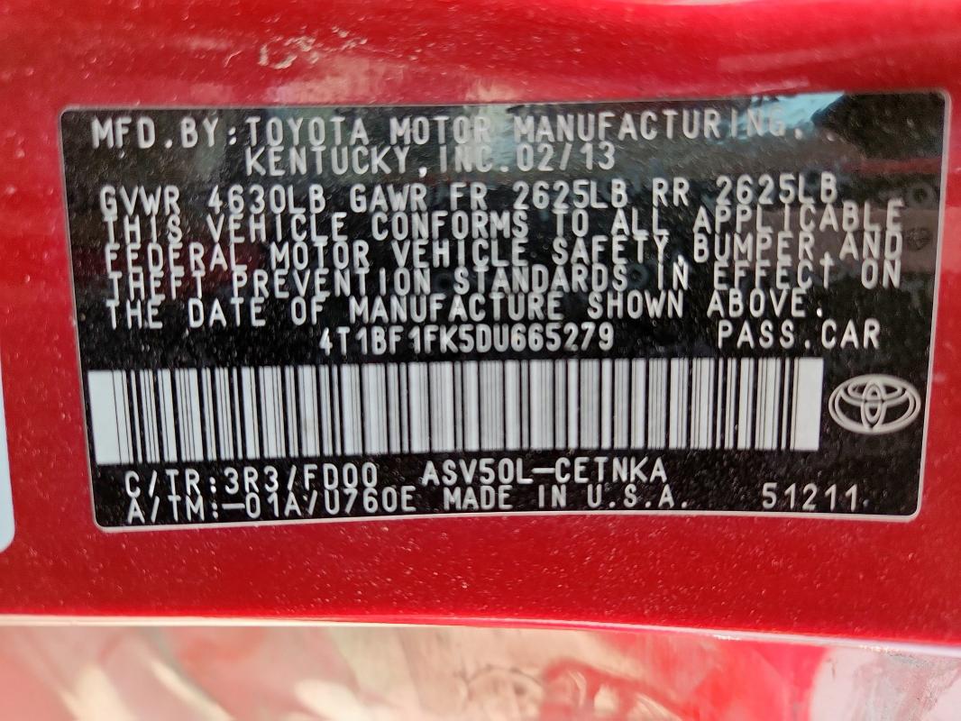 4T1BF1FK5DU665279 - 2013 TOYOTA CAMRY L RED photo 12
