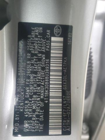 4T1BK3DB8BU389316 - 2011 TOYOTA AVALON BASE 银色 照片 12