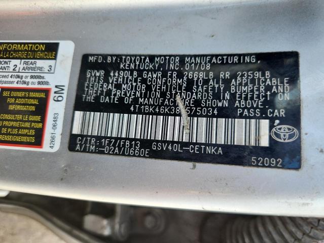 4T1BK46K38U575034 - 2008 TOYOTA CAMRY LE GRAY photo 12