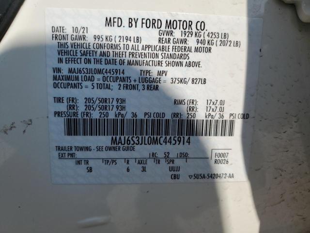 MAJ6S3JL0MC445914 - 2021 FORD ECOSPORT SES WHITE photo 13