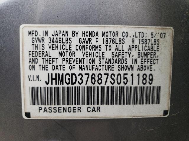 JHMGD37687S051189 - 2007 HONDA FIT S 灰色 照片 10