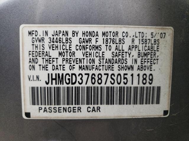 JHMGD37687S051189 - 2007 HONDA FIT S GRAY photo 10