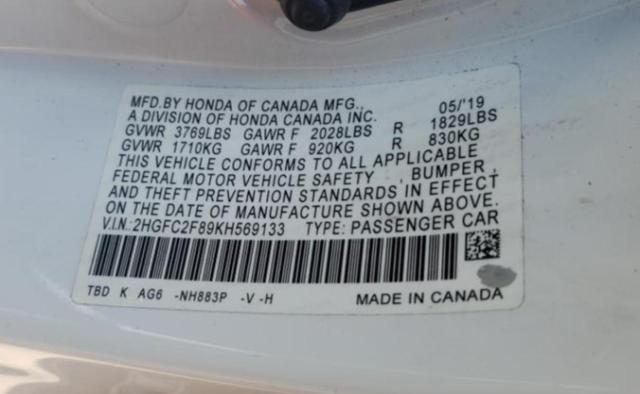 2HGFC2F89KH569133 - 2019 HONDA CIVIC SPORT 白色 照片 12