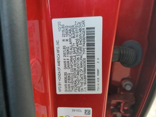 19UUB5F55MA003635 - 2021 ACURA TLX TECH A RED photo 12