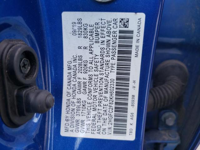 2HGFC2F82KH602330 - 2019 HONDA CIVIC SPORT BLUE photo 12