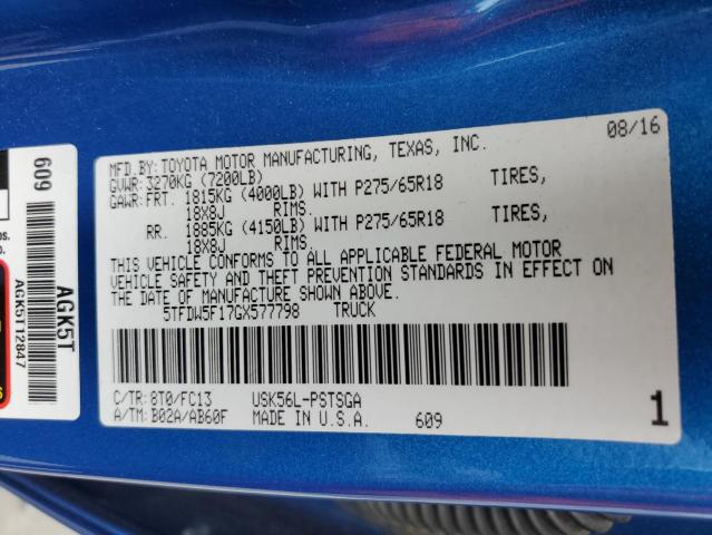 5TFDW5F17GX577798 - 2016 TOYOTA TUNDRA CREWMAX SR5 BLUE photo 12