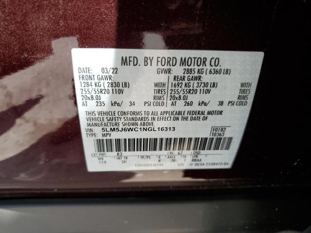 5LM5J6WC1NGL16313 - 2022 LINCOLN AVIATOR 勃艮第红 照片 12