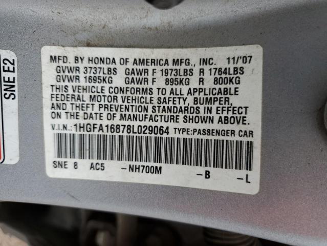 1HGFA16878L029064 - 2008 HONDA CIVIC EX SILVER photo 12