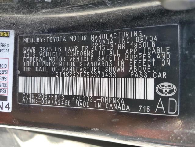 2T1KR32E75C370433 - 2005 TOYOTA COROLLA MA XR BLACK photo 12