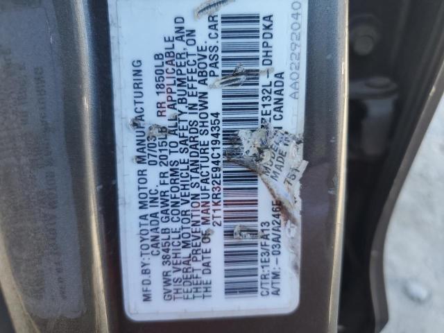 2T1KR32E94C194354 - 2004 TOYOTA COROLLA MA XR BLACK photo 12