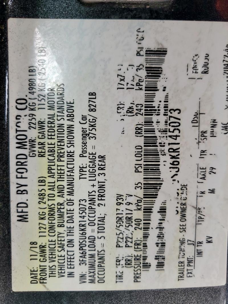 3FA6P0SU6KR145073 - 2019 FORD FUSION TITANIUM გრაფიტი ფოტო 13