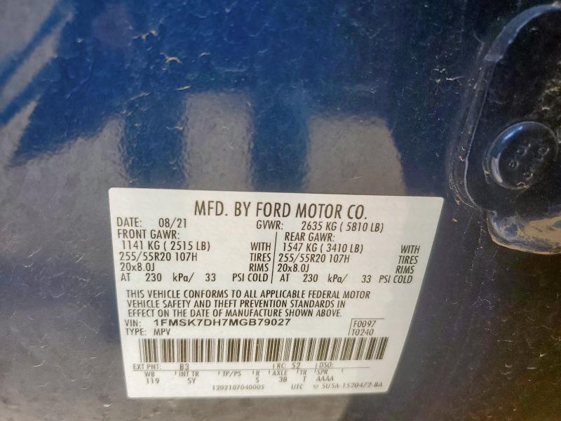 1FMSK7DH7MGB79027 - 2021 FORD EXPLORER XLT BLUE photo 13
