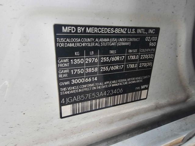 4JGAB57E53A423406 - 2003 MERCEDES-BENZ ML 350 WHITE photo 10