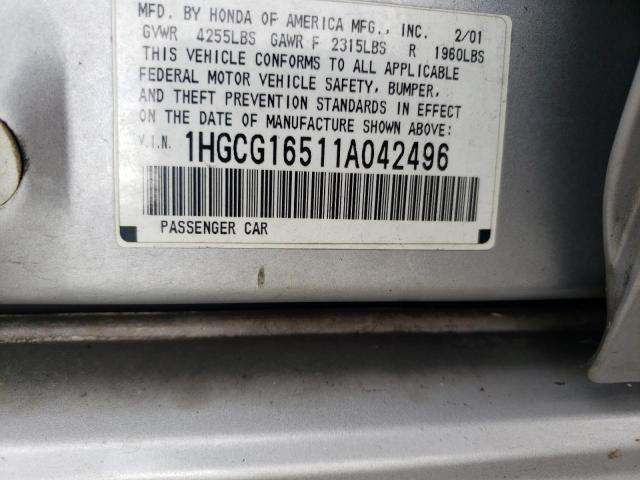 1HGCG16511A042496 - 2001 HONDA ACCORD EX SILVER photo 12