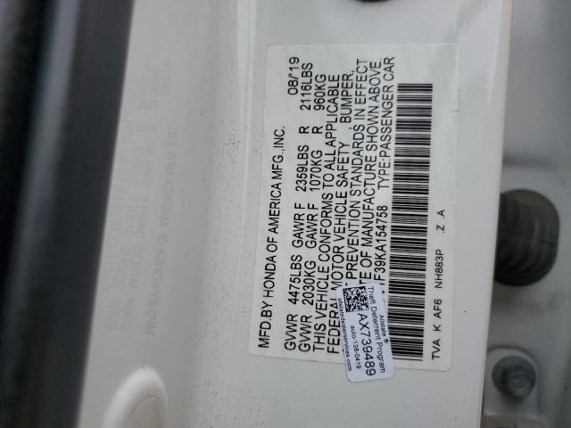 1HGCV1F39KA154758 - 2019 HONDA ACCORD SPORT Սպիտակ լուսանկար 12