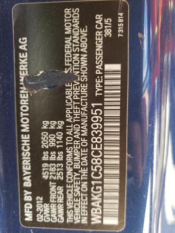 WBAKG1C58CE839951 - 2012 BMW 335 I SULEV BLUE photo 12