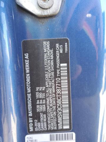 WMWSV3C58CT387710 - 2012 MINI COOPER S BLUE photo 12
