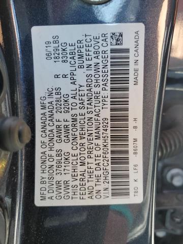 2HGFC2F60KH574929 - 2019 HONDA CIVIC LX GRAY photo 13