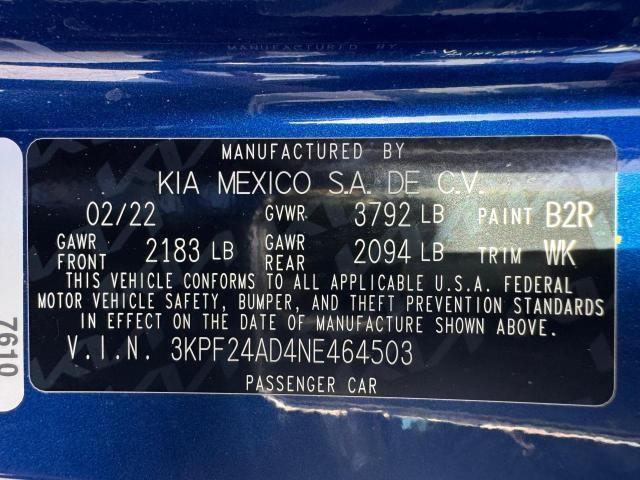 3KPF24AD4NE464503 - 2022 KIA FORTE FE BLUE photo 15