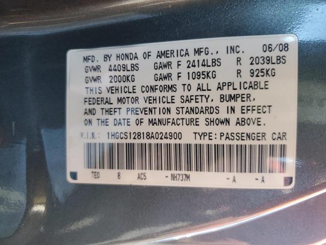 1HGCS12818A024900 - 2008 HONDA ACCORD EXL GRAY photo 10