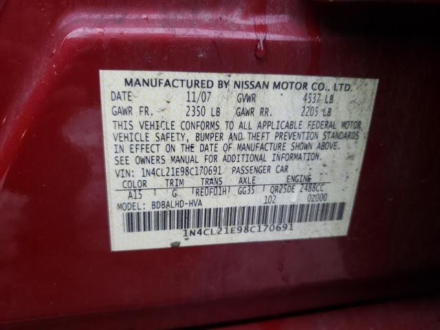 1N4CL21E98C170691 - 2008 NISSAN ALTIMA HYBRID RED photo 12