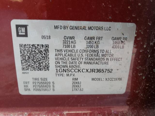 1GNSCCKCXJR365752 - 2018 CHEVROLET TAHOE C1500 PREMIER RED photo 13