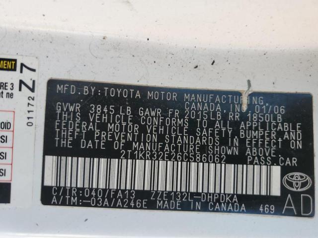 2T1KR32E26C586062 - 2006 TOYOTA COROLLA MA XR WHITE photo 12
