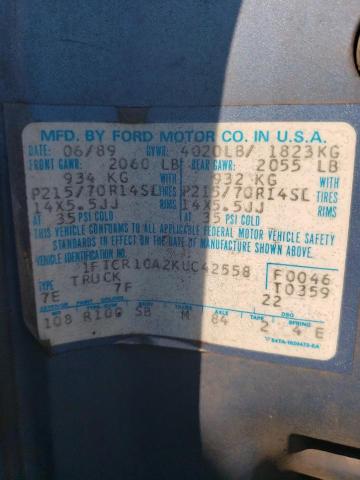 1FTCR10A2KUC42558 - 1989 FORD RANGER BLUE photo 12