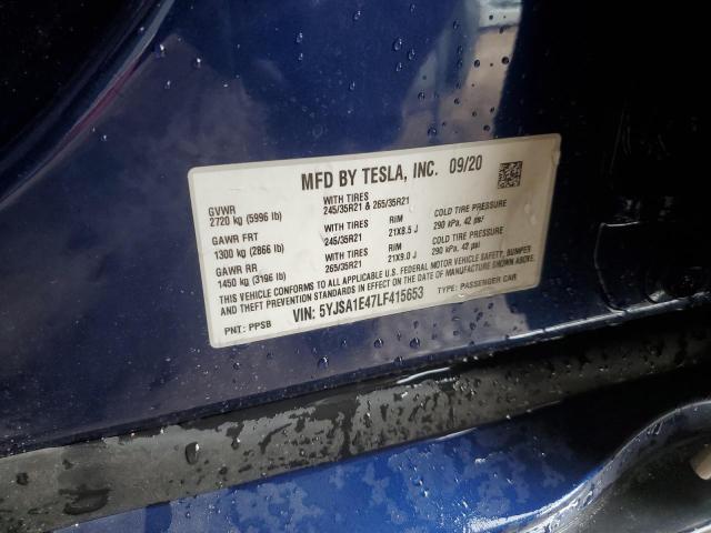 5YJSA1E47LF415653 - 2020 TESLA MODEL S 蓝色 照片 12