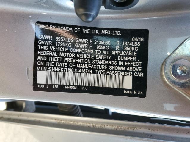 SHHFK7H98JU418744 - 2018 HONDA CIVIC SPORT TOURING SILVER photo 12