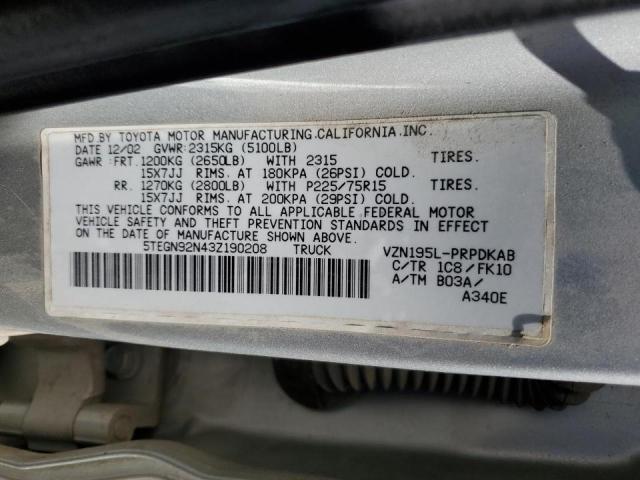 5TEGN92N43Z190208 - 2003 TOYOTA TACOMA DOUBLE CAB PRERUNNER SILVER photo 12